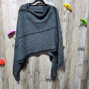 Fashion by Marabeau Grey Fringe Poncho Shale Sweater